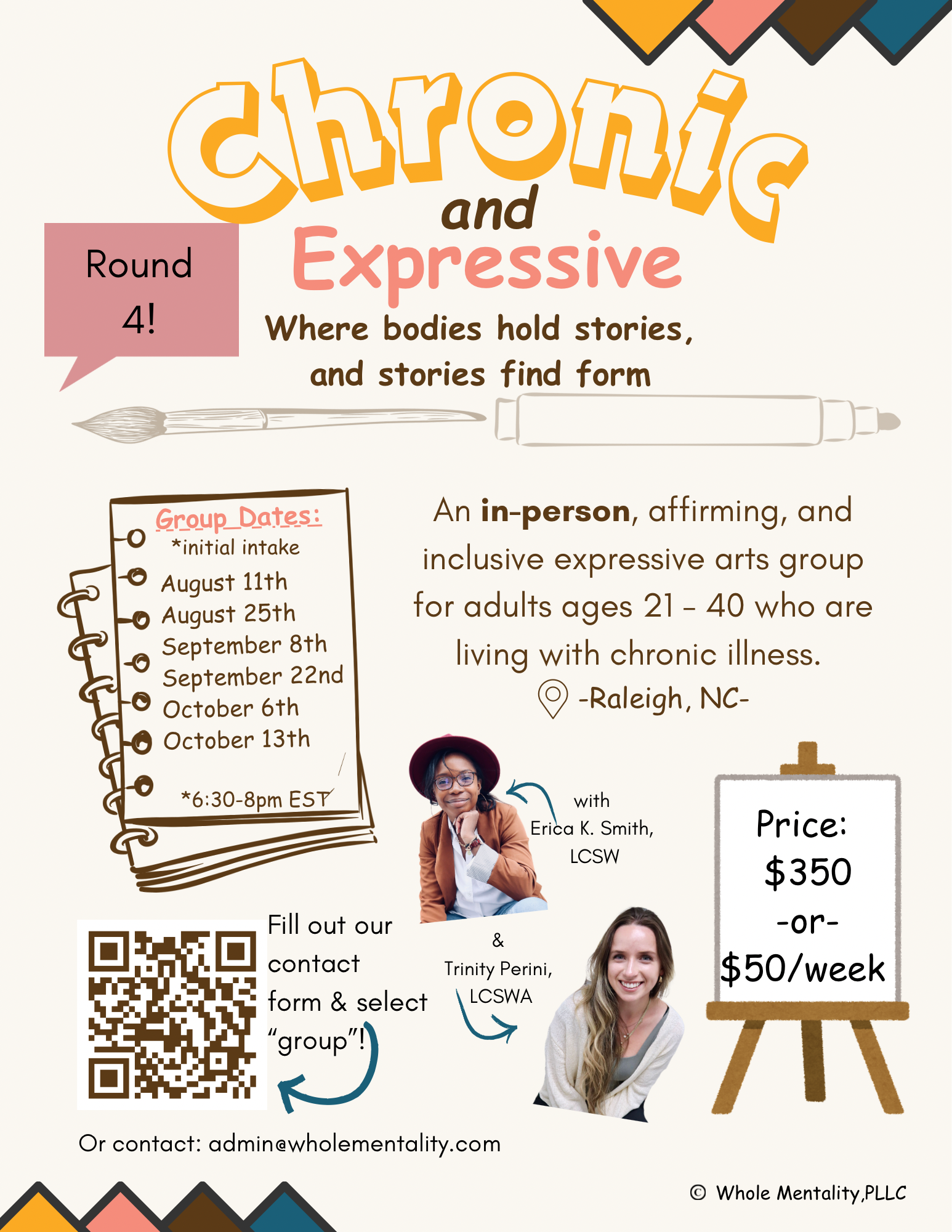 An image of the flyer for Chronic & Expressive "where bodies hold stories, and stories find form" with pictures of group facilitators Trinity & Erica