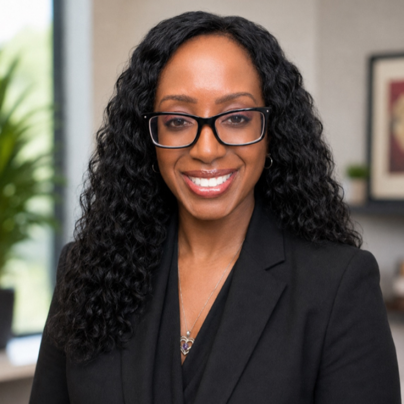 Melissa, a black female wears her hair down in her headshot where she smiles at the camera wearing a black blouse and stands in an office setting