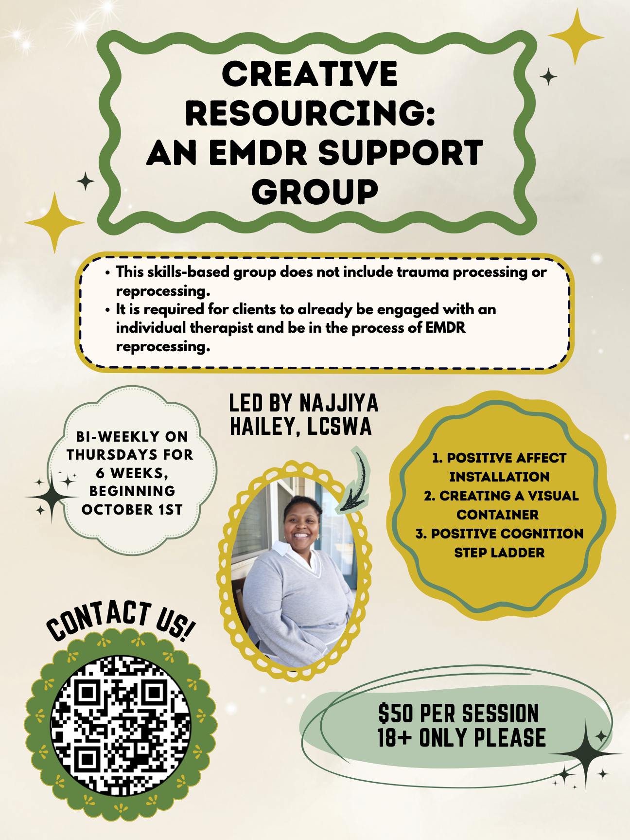 An image of a flyer that details the "Creative Resourcing an EMDR Support group" with a picture of Najjiya, the group facilitator who is a black female.