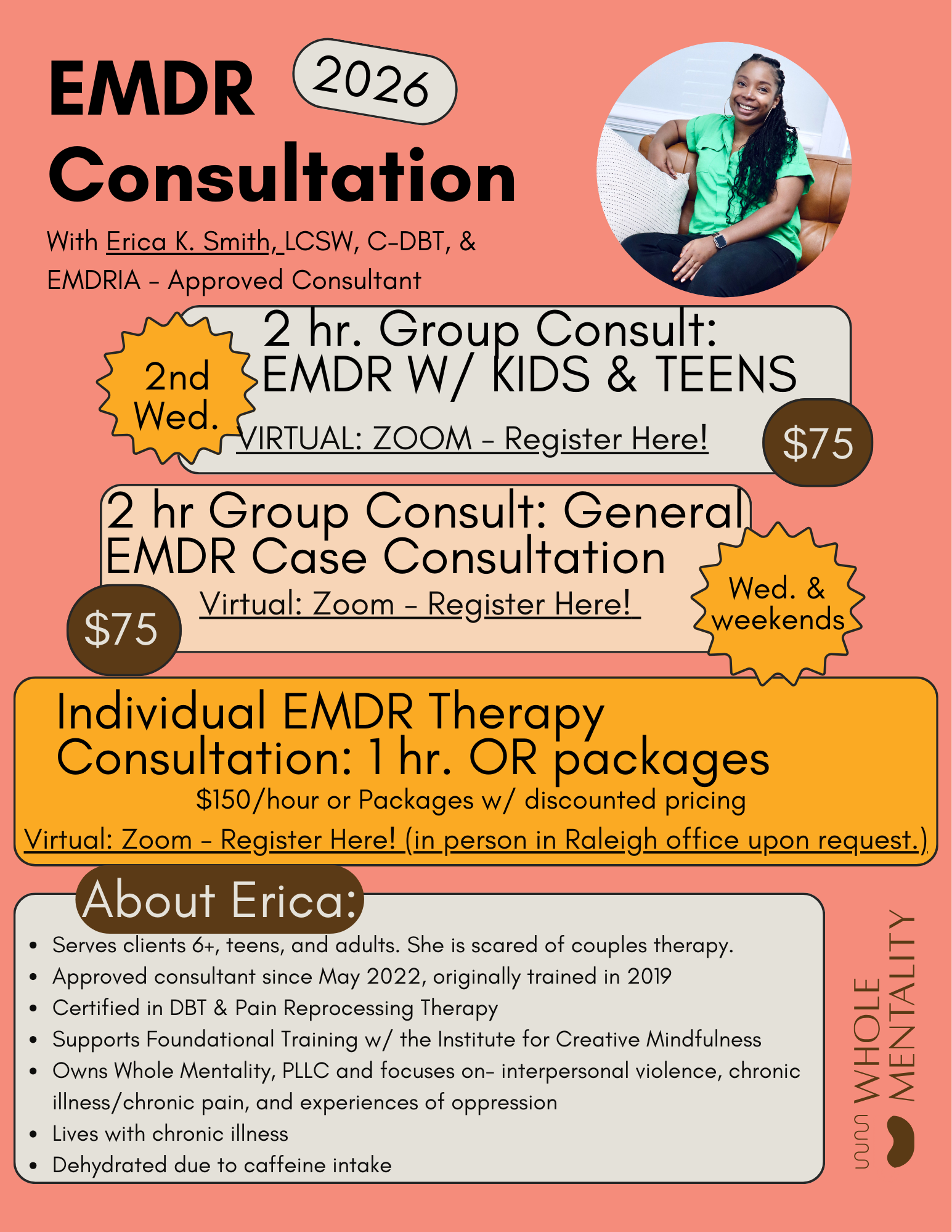 A picture of the 2026 EMDR Therapy Consultation Flyer which is hyperlinked for access. A picture of Erica is in the corner, she is a black female with braids in a green blouse and black pants sitting on a brown couch. The picture is labeled