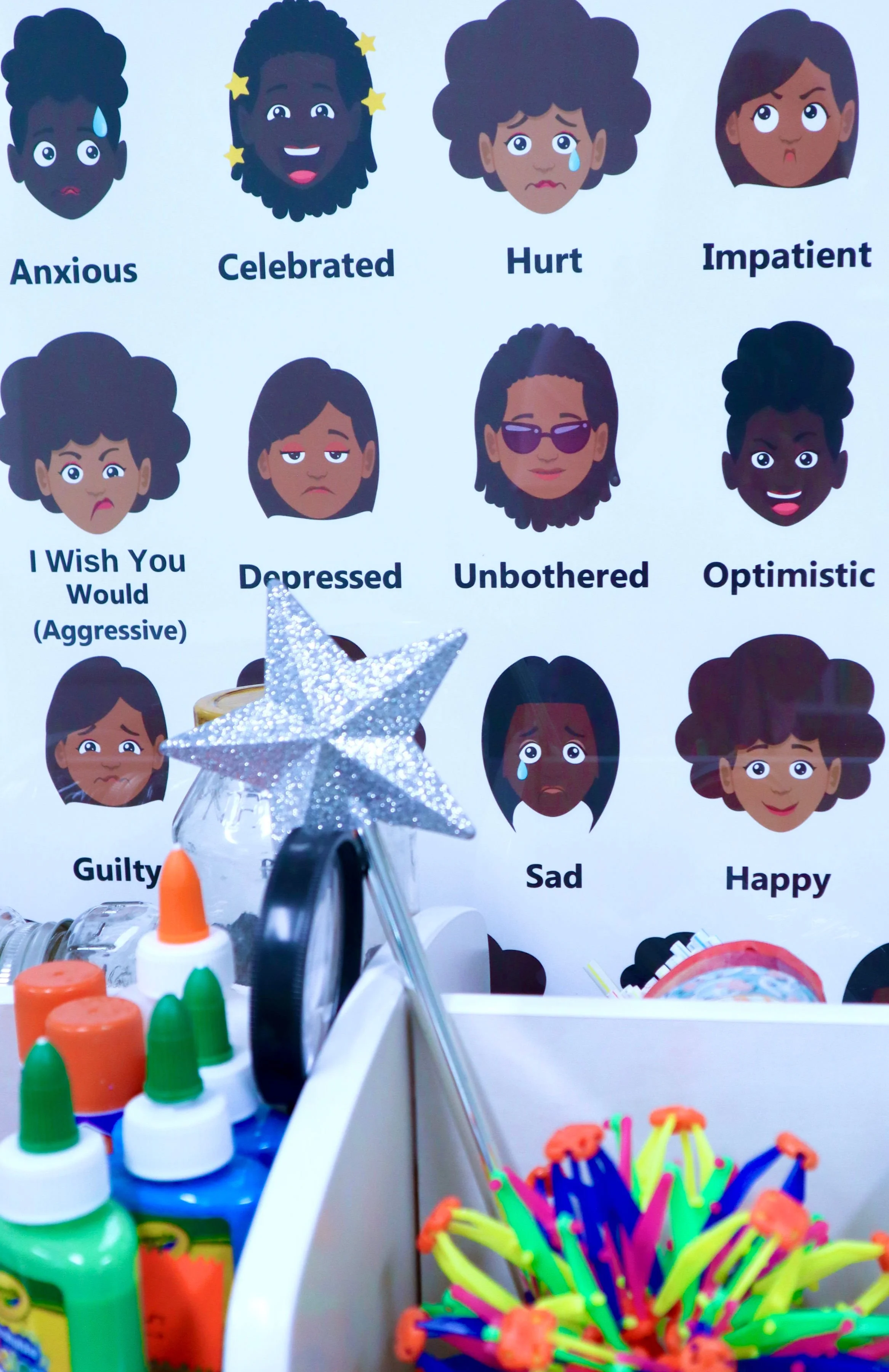 A picture of a feelings chart with faces of black and brown women, in front of the chart are colorful glues, a fairy wound and a colorful expanding ball toy