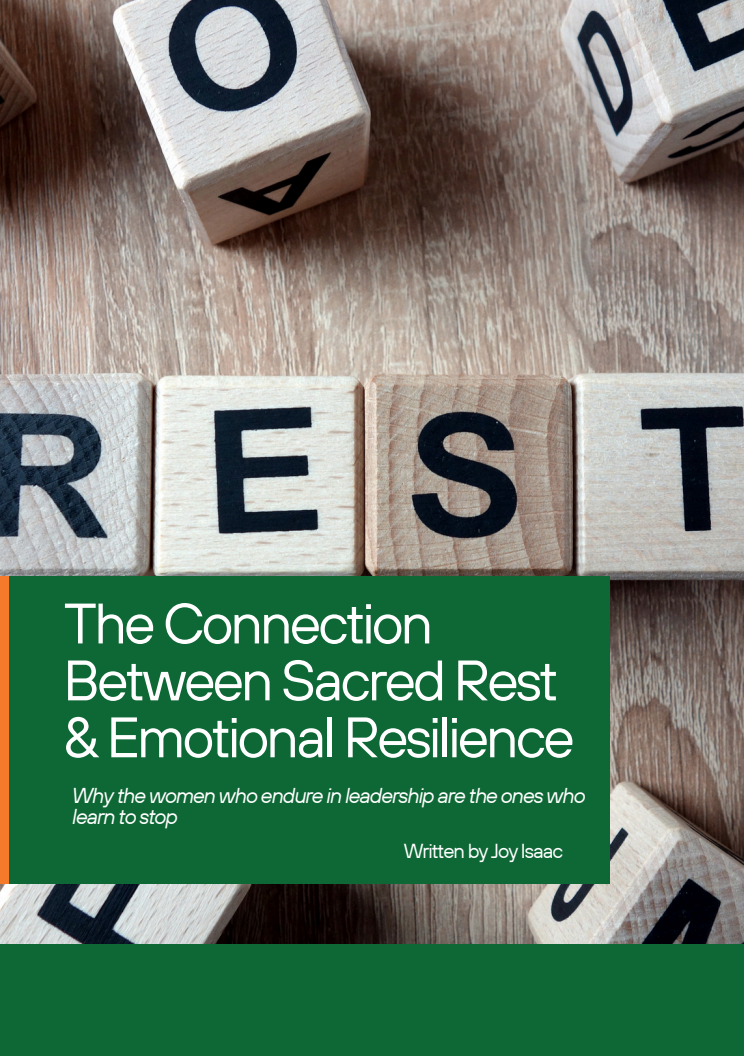 Book cover titled 'The Connection Between Sacred Rest & Emotional Resilience' with wooden blocks spelling 'REST' on a wooden surface.