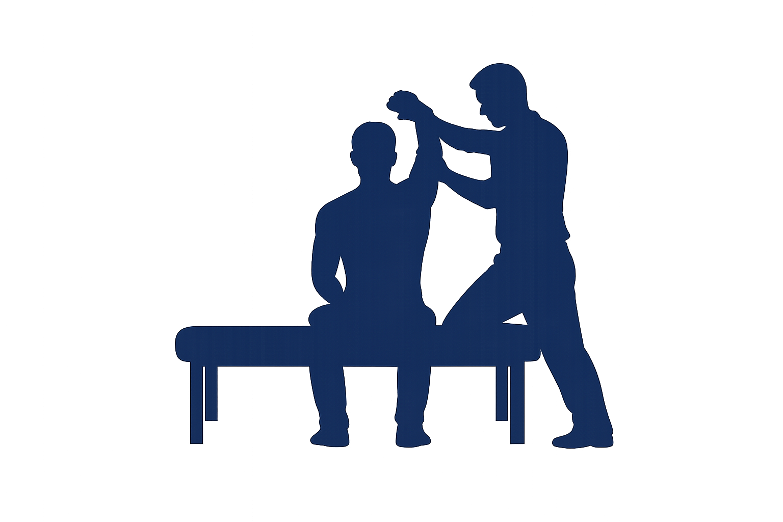 Silhouette of a person sitting on a bench while another person kneels beside them, stretching their shoulder muscle.