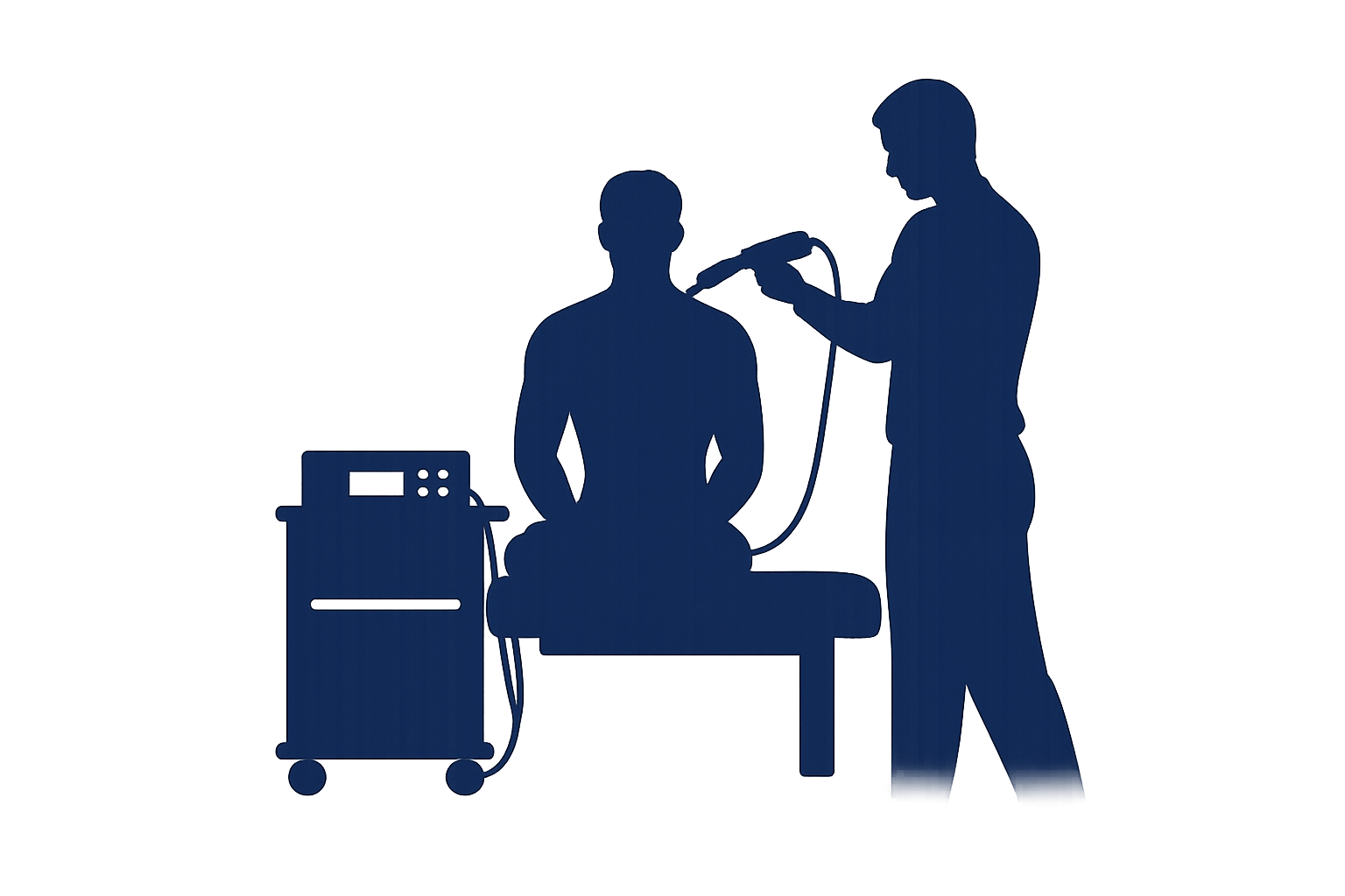 Silhouette of a healthcare professional performing shockwave therapy on a seated patient's shoulder using a shockwave machine.