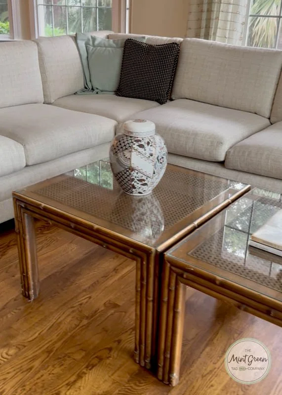 Pair Of Bamboo Glass Top Tables