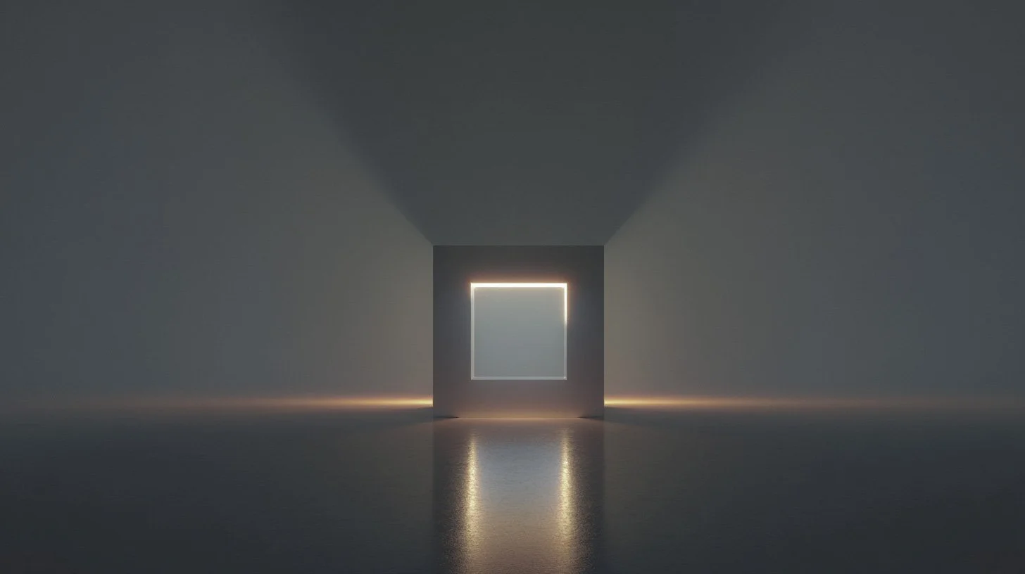 Un seuil de lumière blanche dans un espace dépouillé et silencieux, métaphore de la page qui éclaire — la poésie de Louise Glück.
