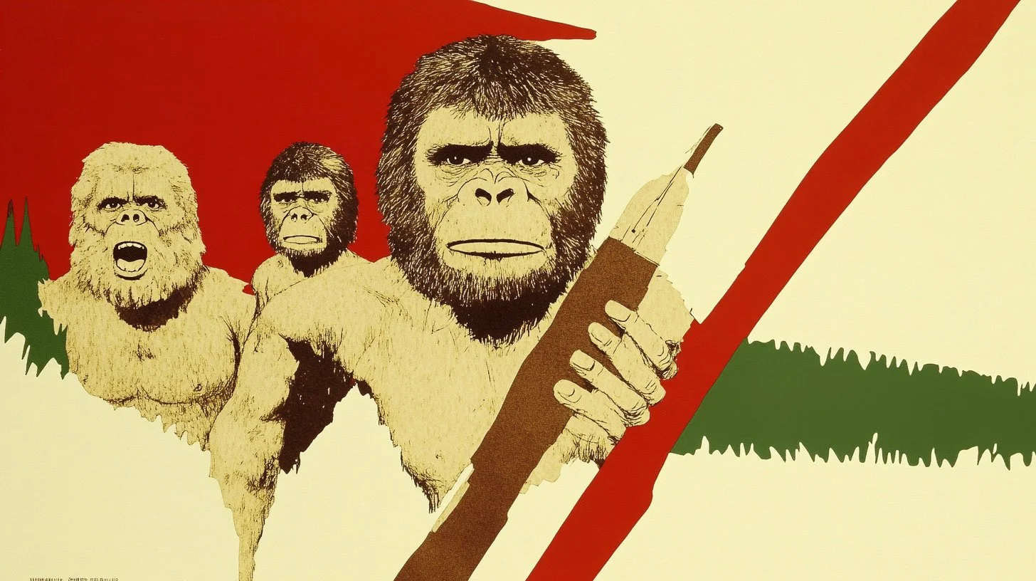 Illustration de trois hominidés avec un outil, symbolisant l’ingéniosité des premiers Sapiens et leurs réalisations collectives.