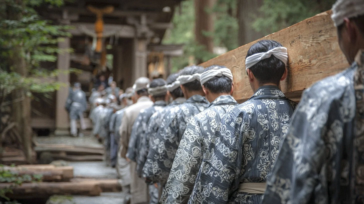 Des hommes en tenue traditionnelle japonaise transportent une imposante poutre en bois sur leurs épaules lors d'une cérémonie, illustrant le rituel communautaire du Shikinen Sengu.