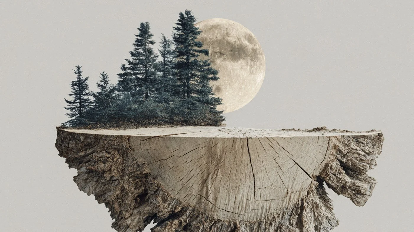Illustration conceptuelle d'une coupe de tronc de bois flottante, surmontée d'une forêt, avec une large lune en arrière-plan, symbolisant le lien entre le bois et les cycles lunaires.