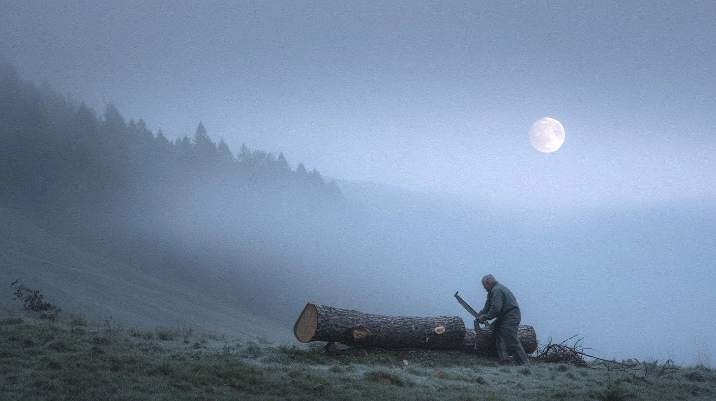 Un bûcheron coupe un large tronc d'arbre dans un paysage de montagne brumeux, sous une pleine lune, évoquant la tradition de la coupe du bois lunaire