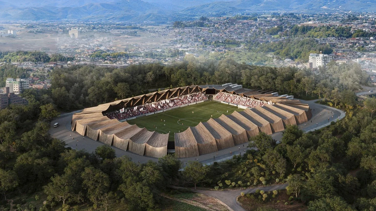 Vue d’artiste du futur stade en bois dans son environnement. Photo de Vuild