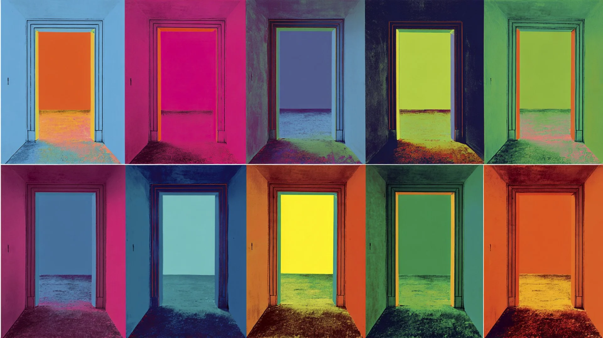 Grille de dix portes identiques traitées en sérigraphie pop façon Warhol, chaque encadrement décliné dans une couleur différente, image de la création collective comme variation sur un même geste.