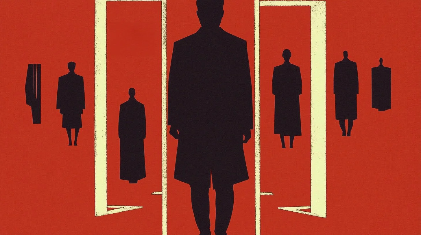 Silhouette centrale d’un individu, entourée de figures sombres dans un fond rouge, symbolisant le collectif et l’identité individuelle.