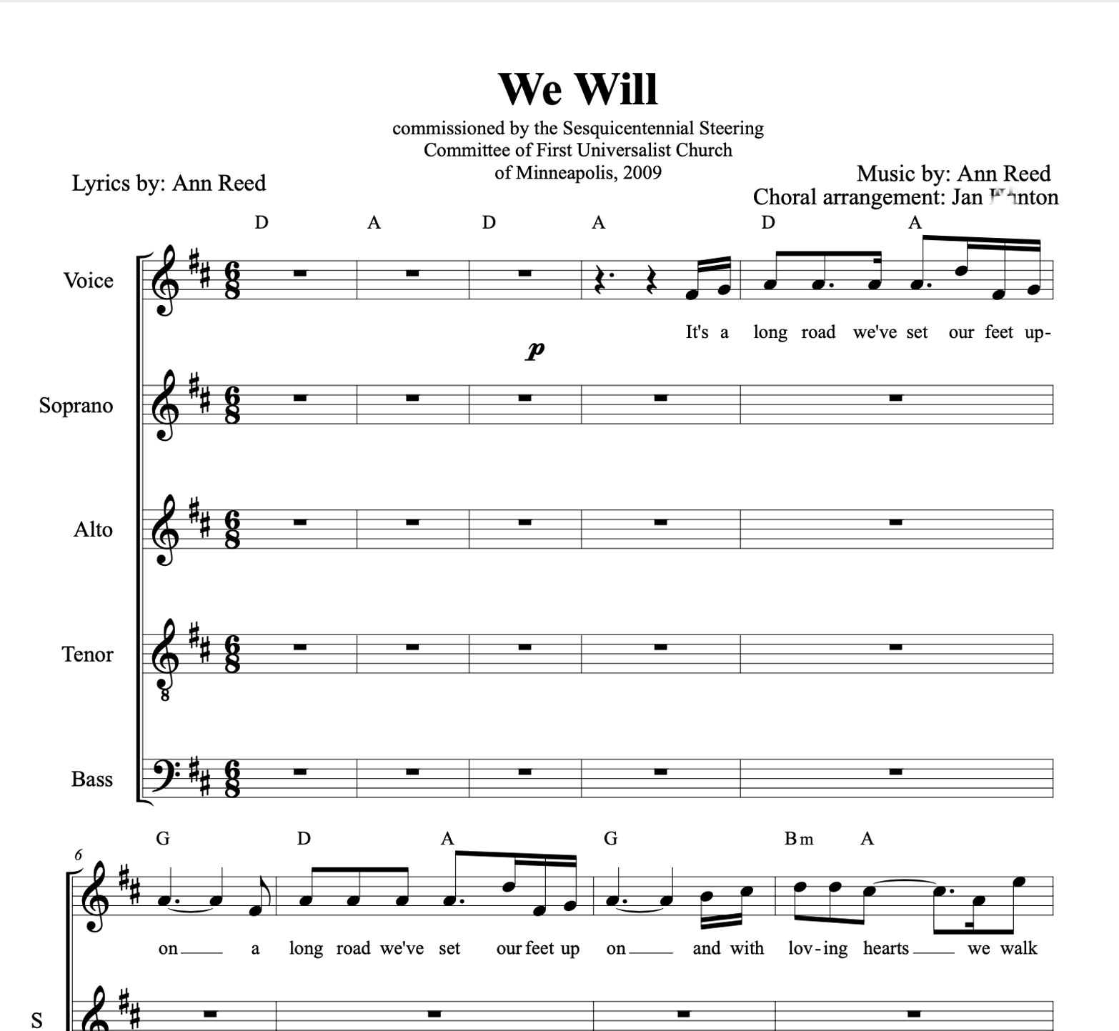 "We Will" choral music arranged for SATB with guitar chords