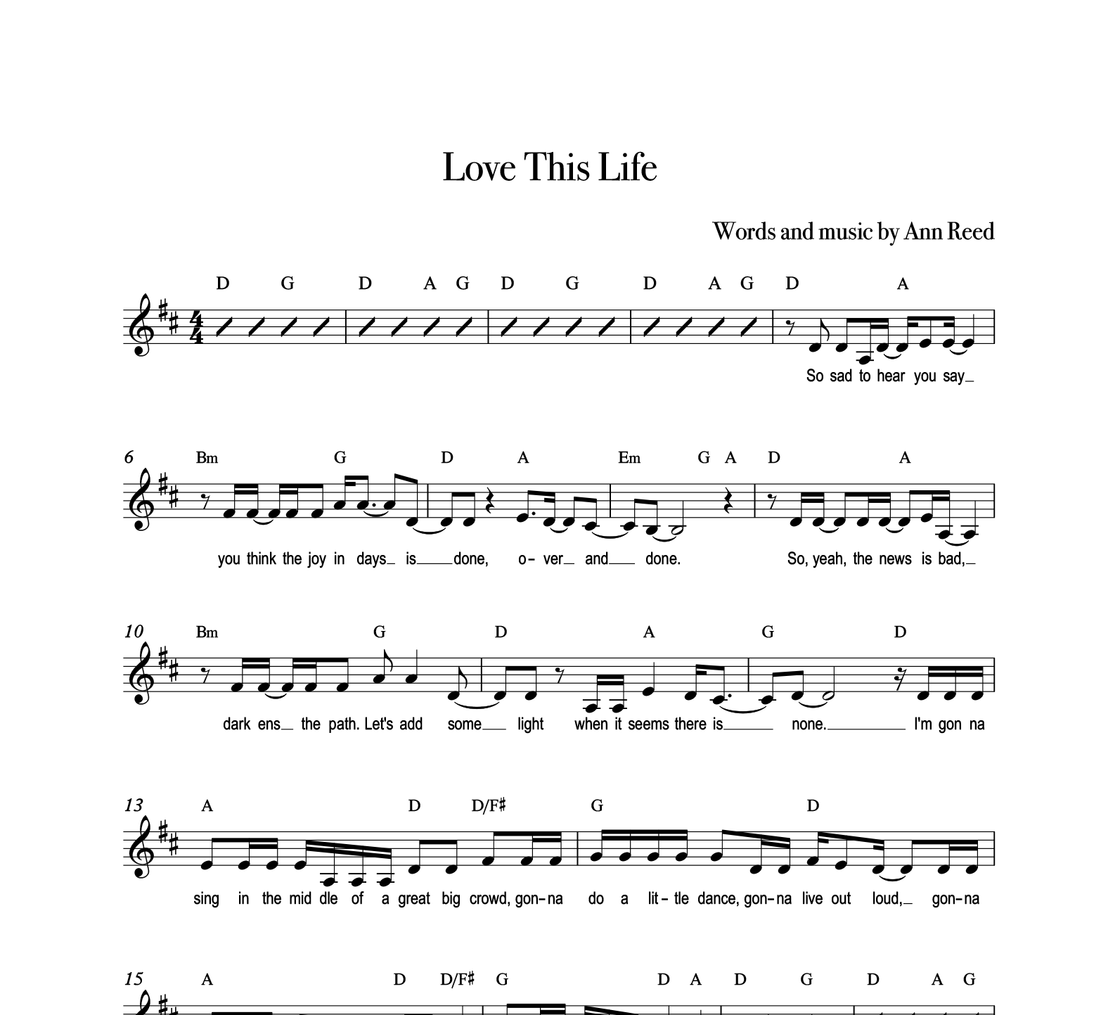 "Love This Life" Key D major Range A - A - Full Score