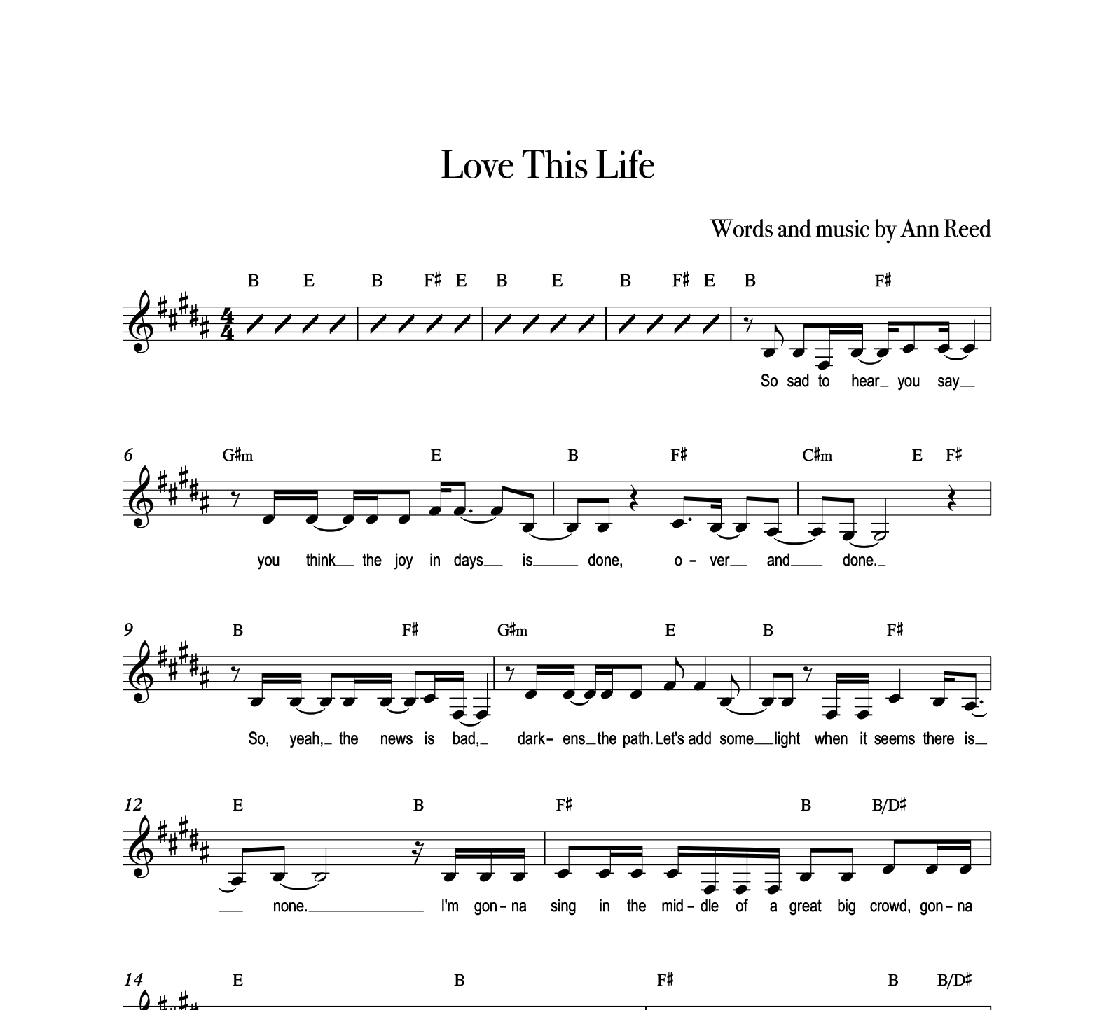 "Love This Life" Original Key B major Range F# - F# - Full Score