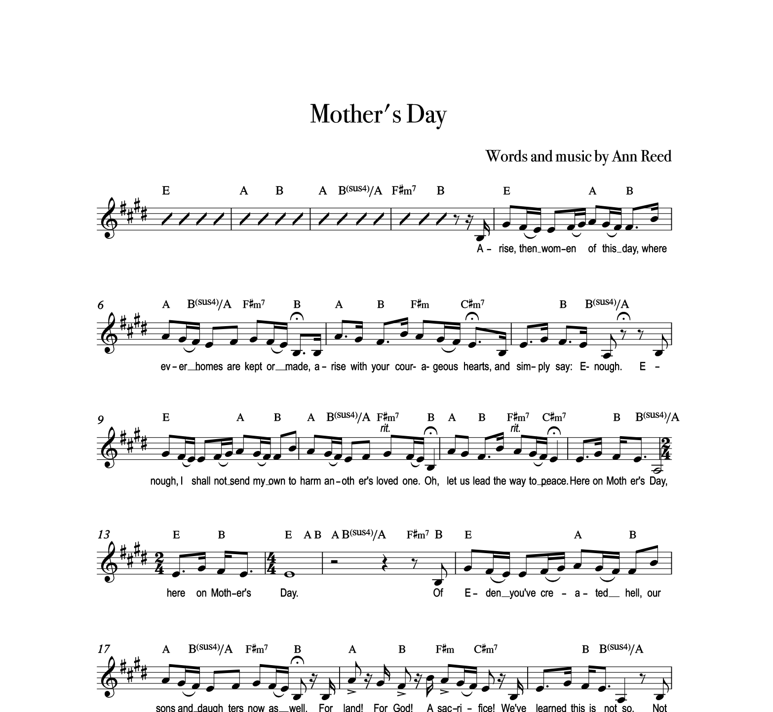 "Mother's Day" Key E major Range A-B