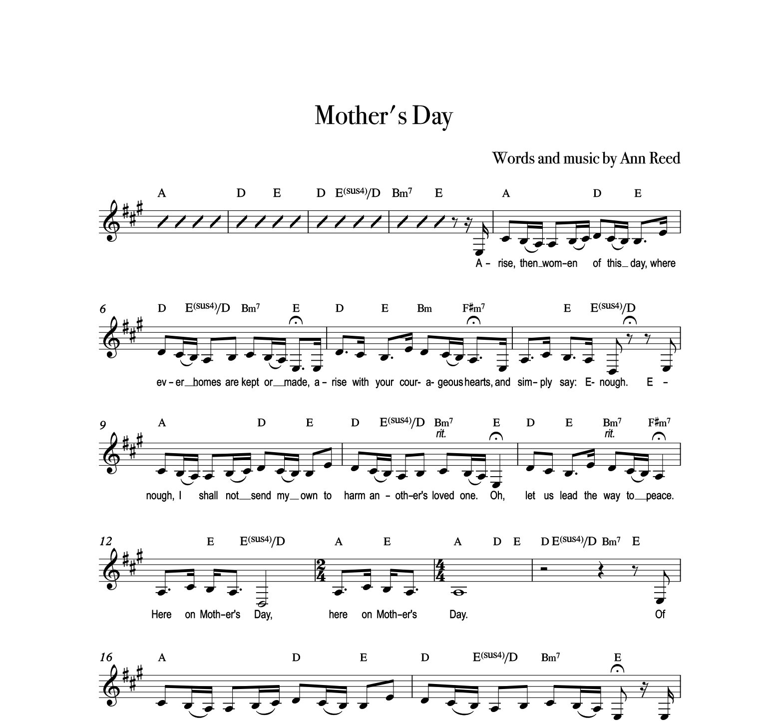 "Mother's Day" Original Key Range D-E