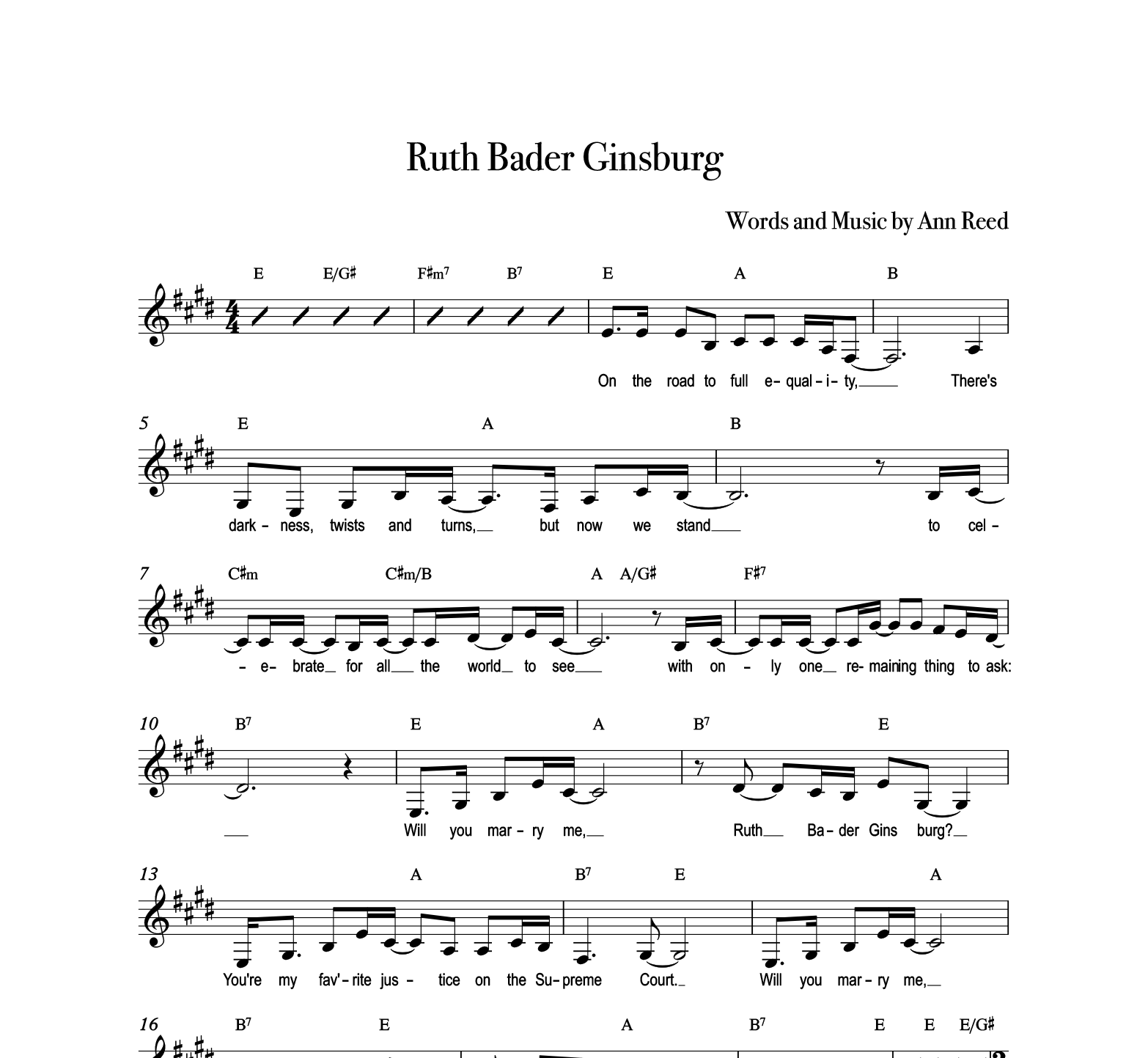 "Ruth Bader Ginsgurg" Original Key E major Range D# - G# - Full Score