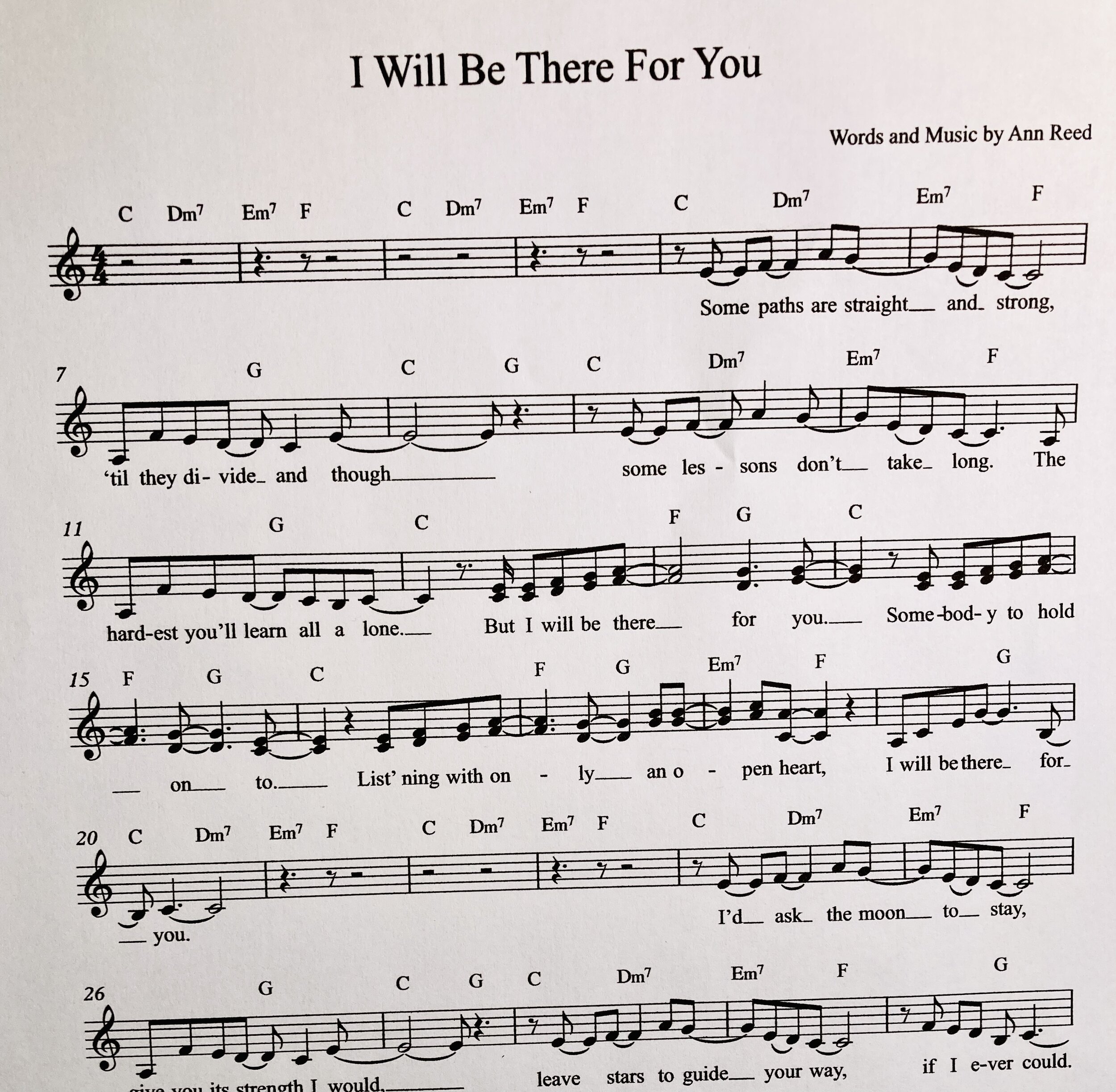 I Will Be There For You, melody line and guitar chords (C major)