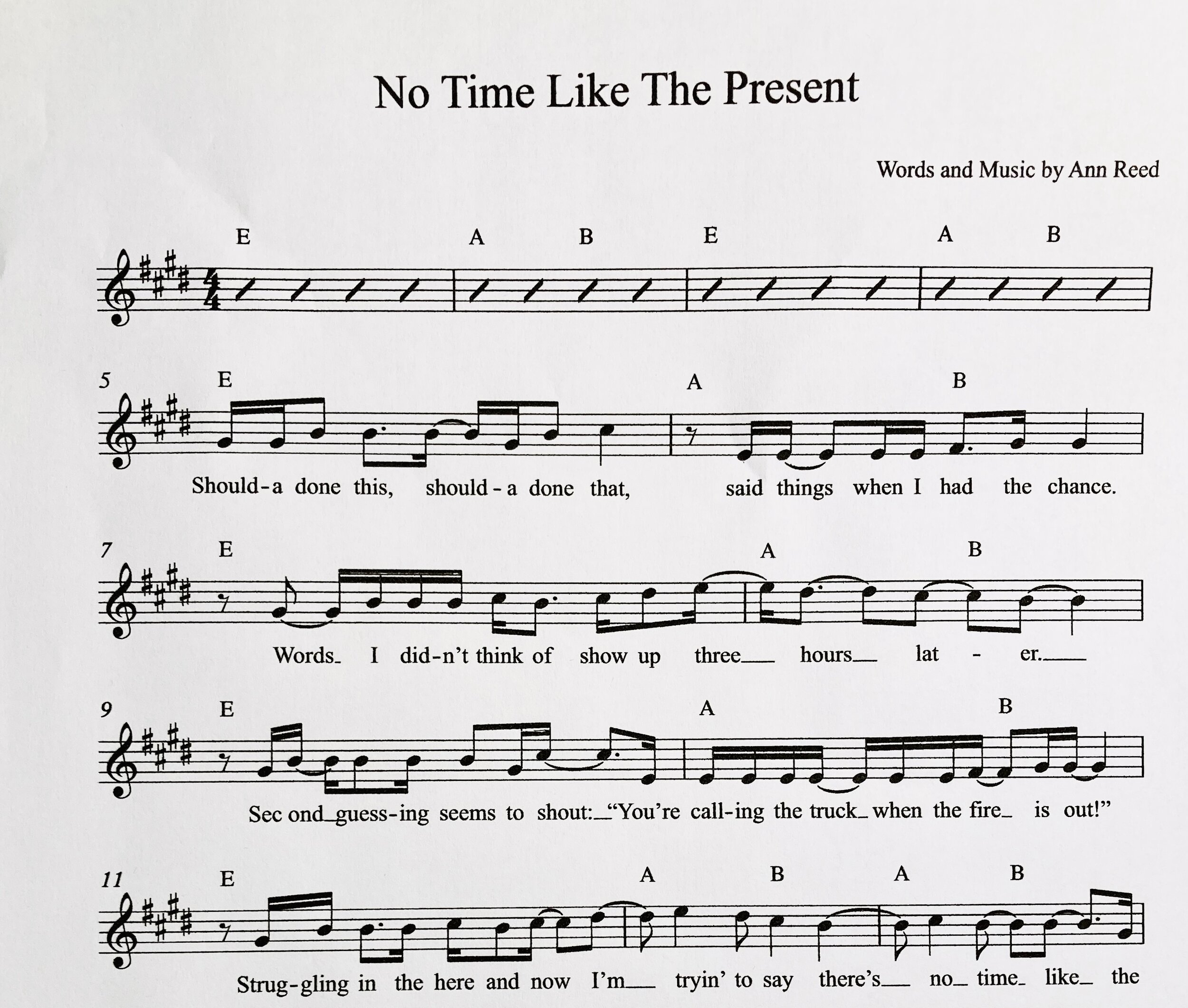 No Time Like The Present, melody line and guitar chords (E major — original key)