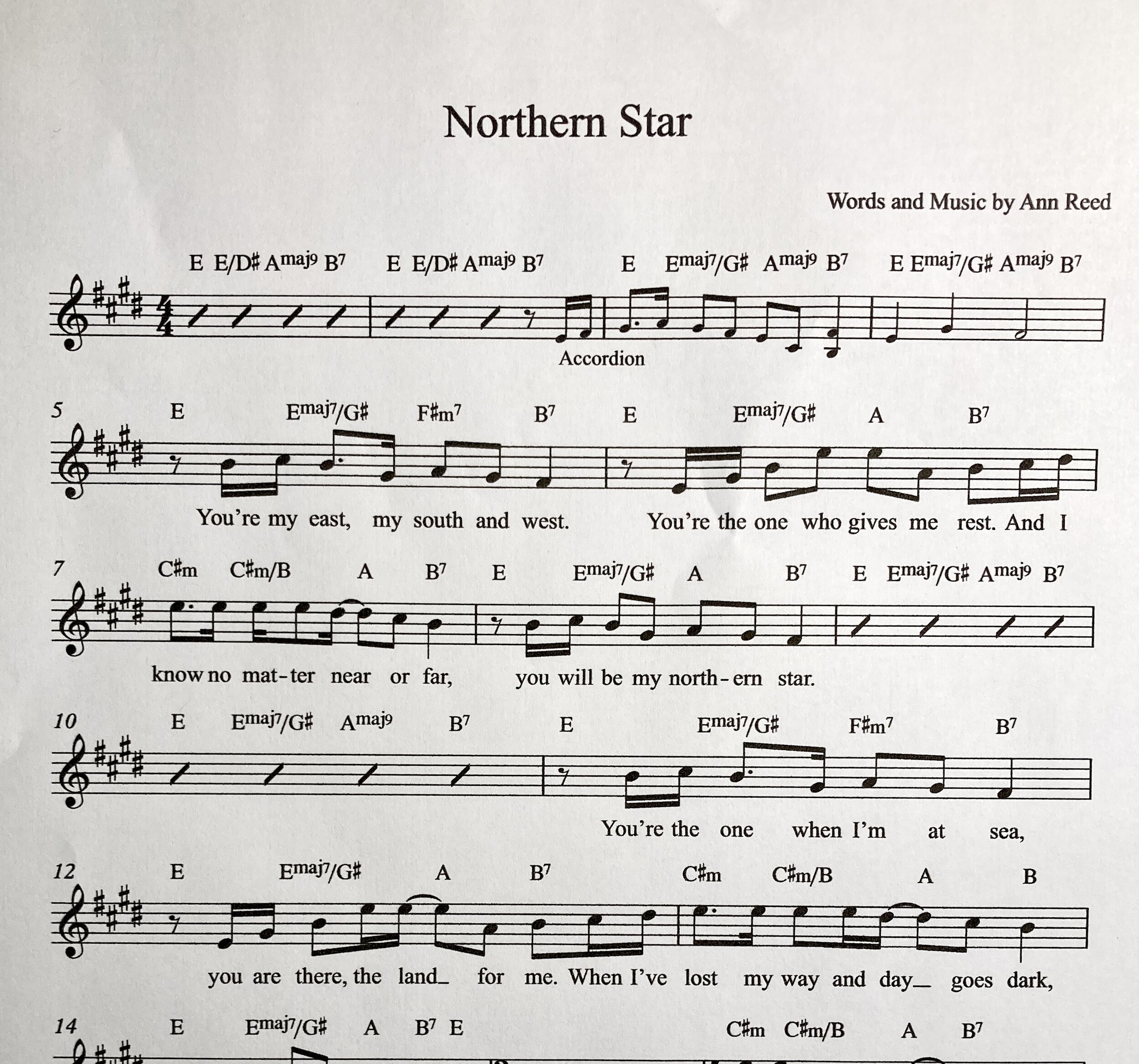 Northern Star, melody line and guitar chords (A major)