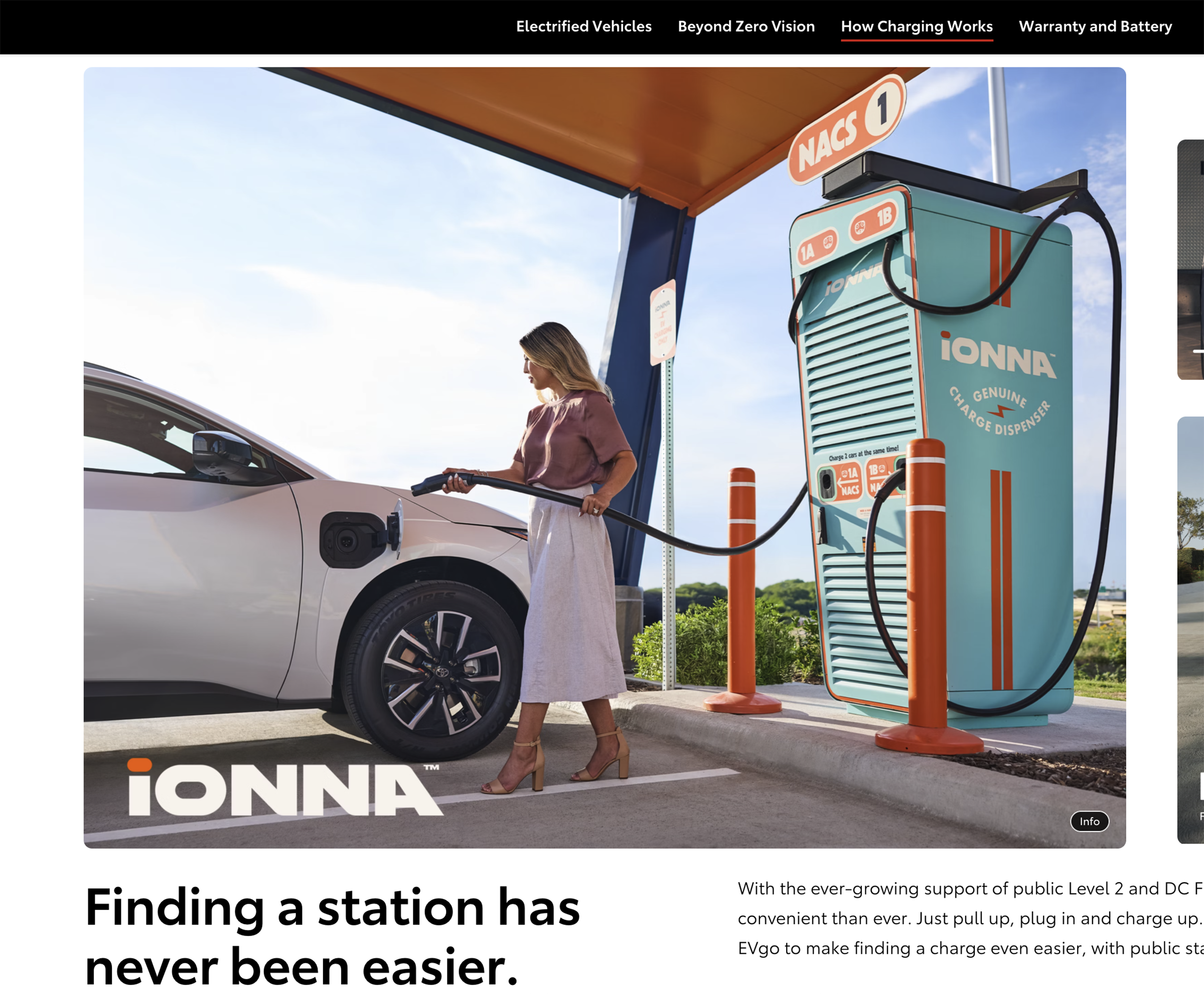 Woman recharging her Toyota electric vehicle at an iONNA charging station.
