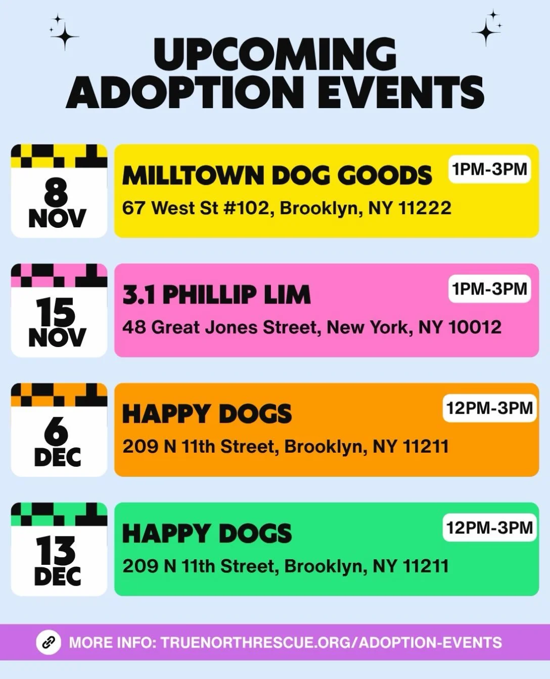 We have a full lineup of adoption events coming your way this fall, with plenty of chances to meet some of our adoptable dogs in person!!

Come hang with us, meet the pups, support some of our favorite local partners, and maybe even meet your new bes