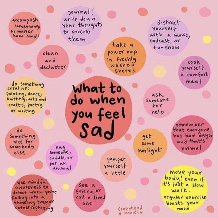 Not feeling your best? 

Here's a list of quick to-dos that can lift your mood! 

Create your own personal list of things that improve your mood and keep it posted somewhere you can easily access it when needed. 

And if you still need some support, 