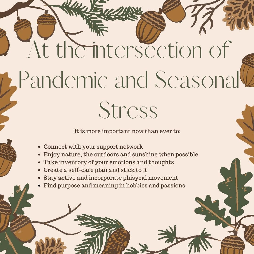 It has been a tumultuous year and we may be approaching another wave of stressors.

Pandemic stress, seasonal depression and the holidays are colliding. 

This could mean additional stressors with managing several roles confined to our home space, in