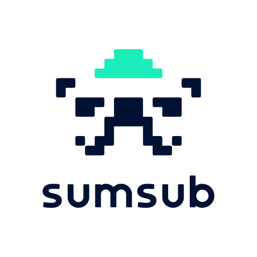 Logo of Sumsub featuring a pixel art-style alien face in teal and navy blue with the company name below.