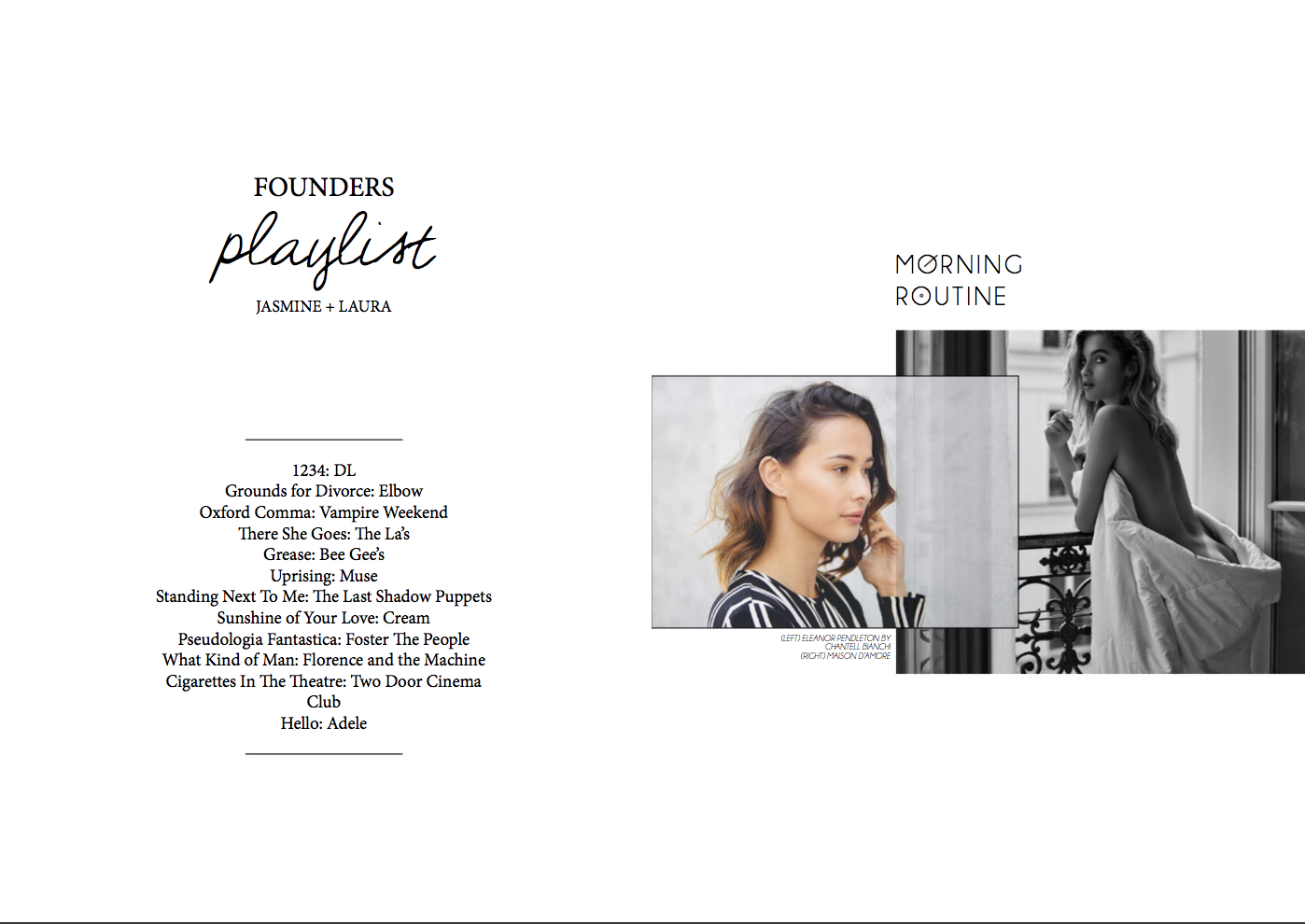 A digital graphic design layout titled 'Founders Playlist' by Jasmine and Laura, featuring a 'Morning Routine'. It includes a list of song titles and artists, alongside a black and white photo of a woman sitting by a window with a white sheet draped 