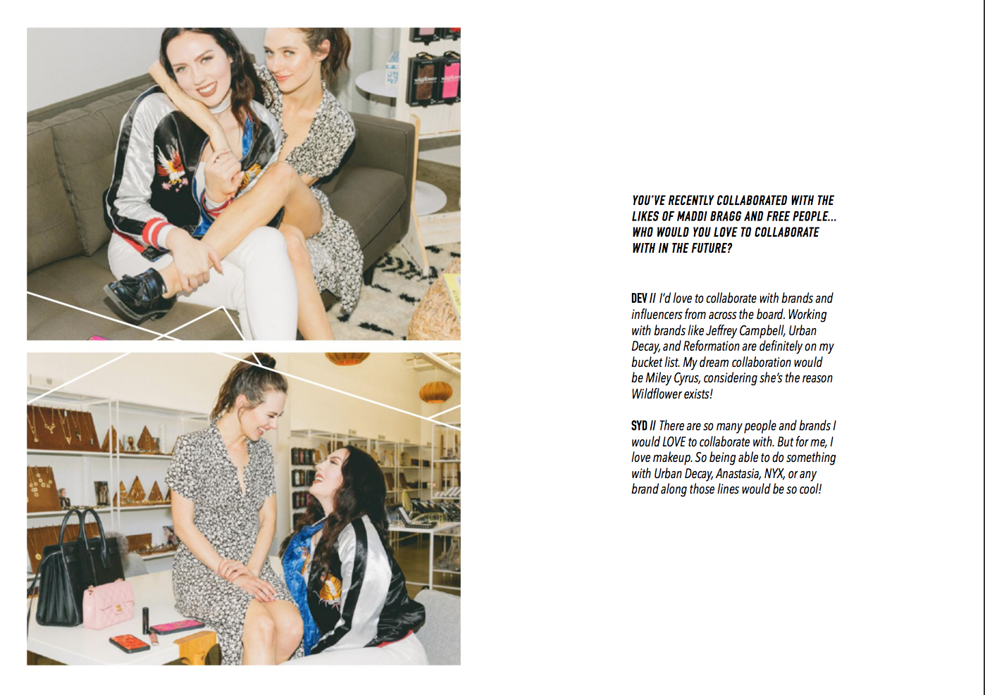 Two women are smiling and sitting close together; one woman has her arm around the other's shoulder. The setting appears to be a retail store or boutique, with clothing and accessories visible in the background.