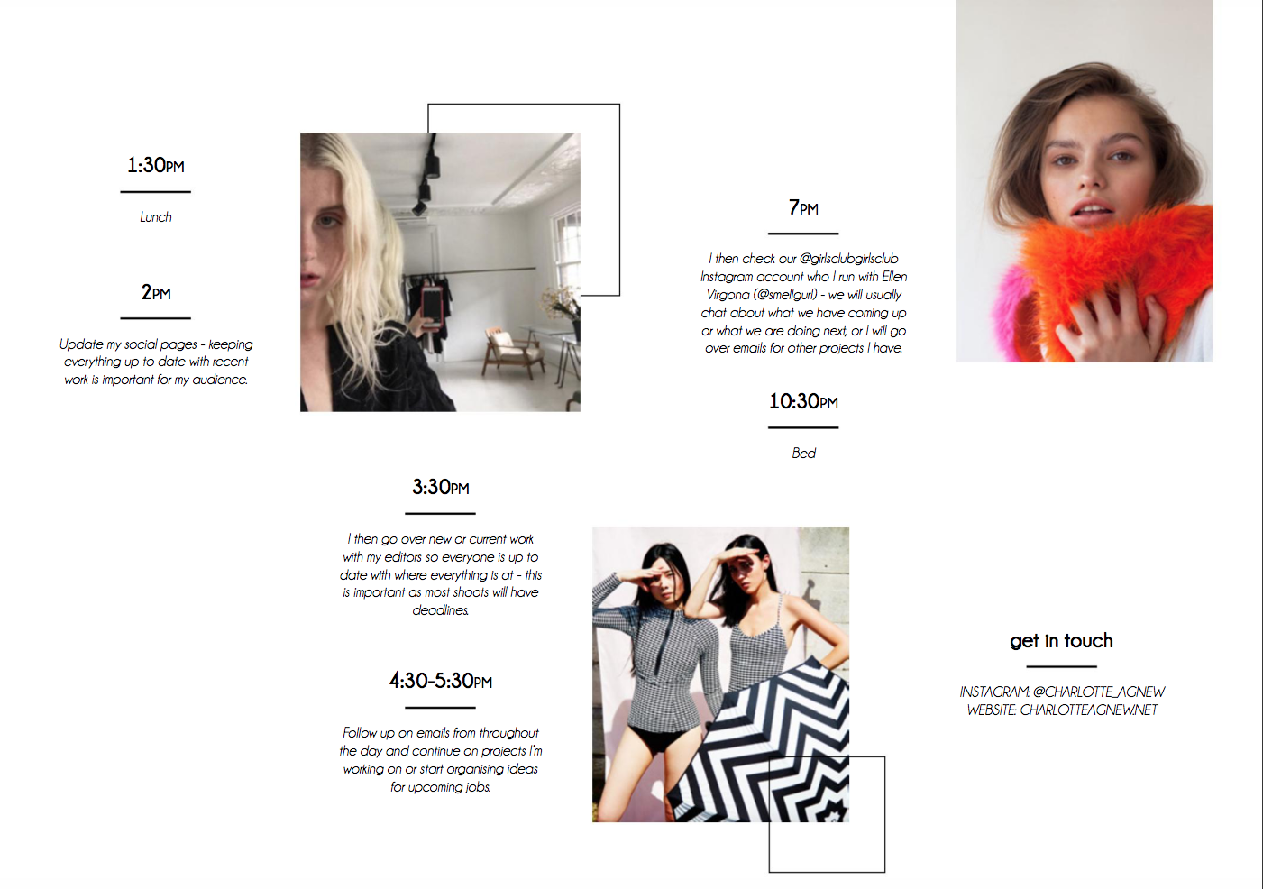 A digital schedule with photos of women, time slots, and activity descriptions. The schedule includes times and details for lunch, social media updates, checking Instagram, work with editors, and project follow-ups.
