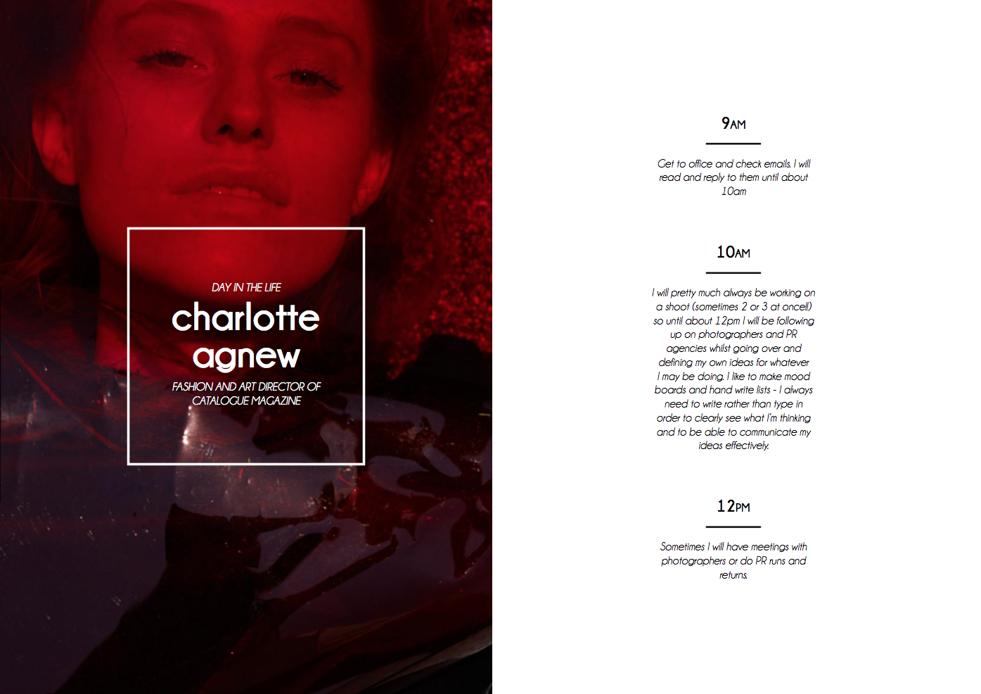 Fashion and art director Charlotte Agnew's daily schedule, with a photo of her lying down surrounded by red light on the left and a detailed timetable on the right.