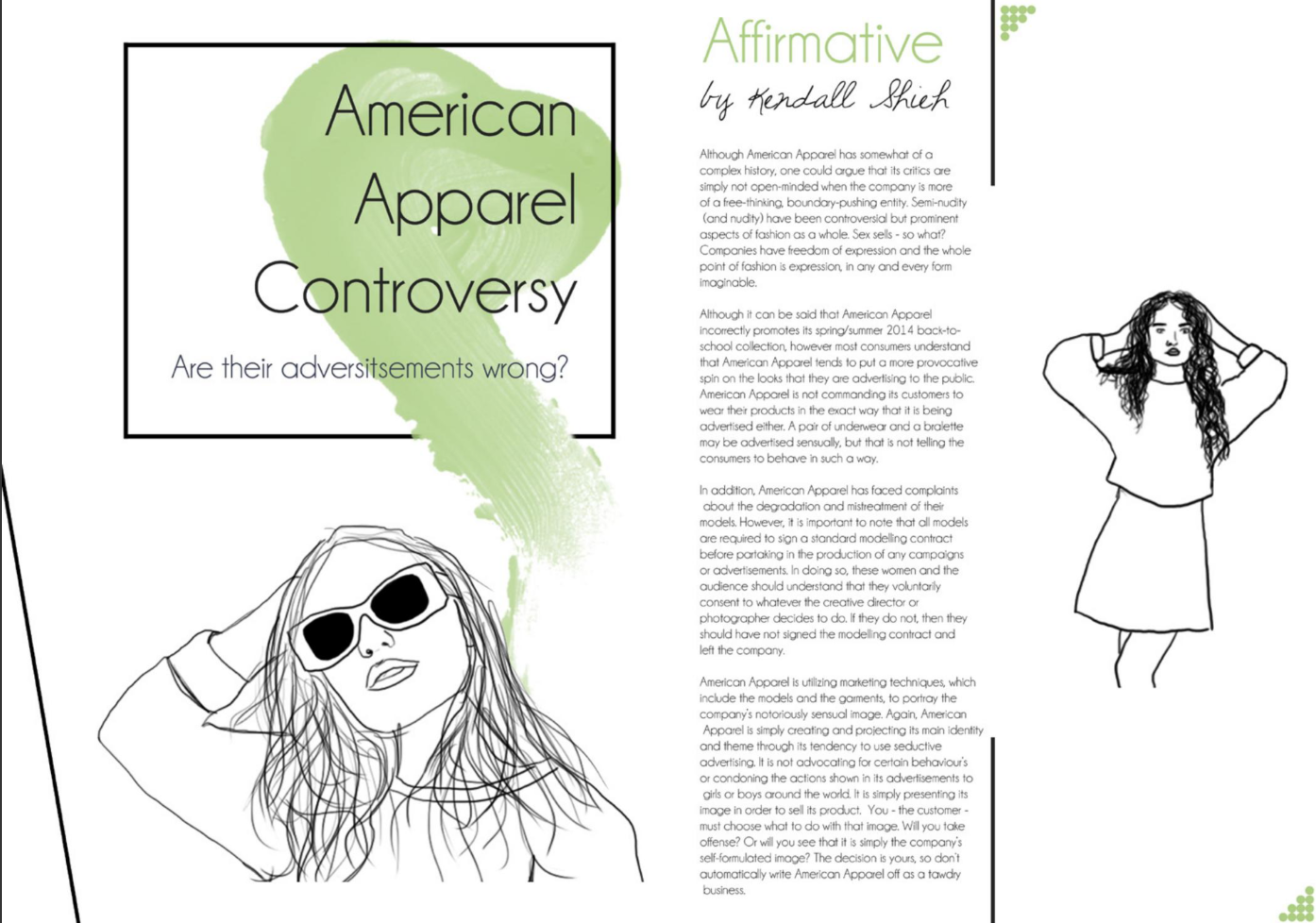 A magazine article about American apparel controversy, featuring illustrations of a woman wearing sunglasses with long hair and another woman holding her hair, with green graphic elements and black text.