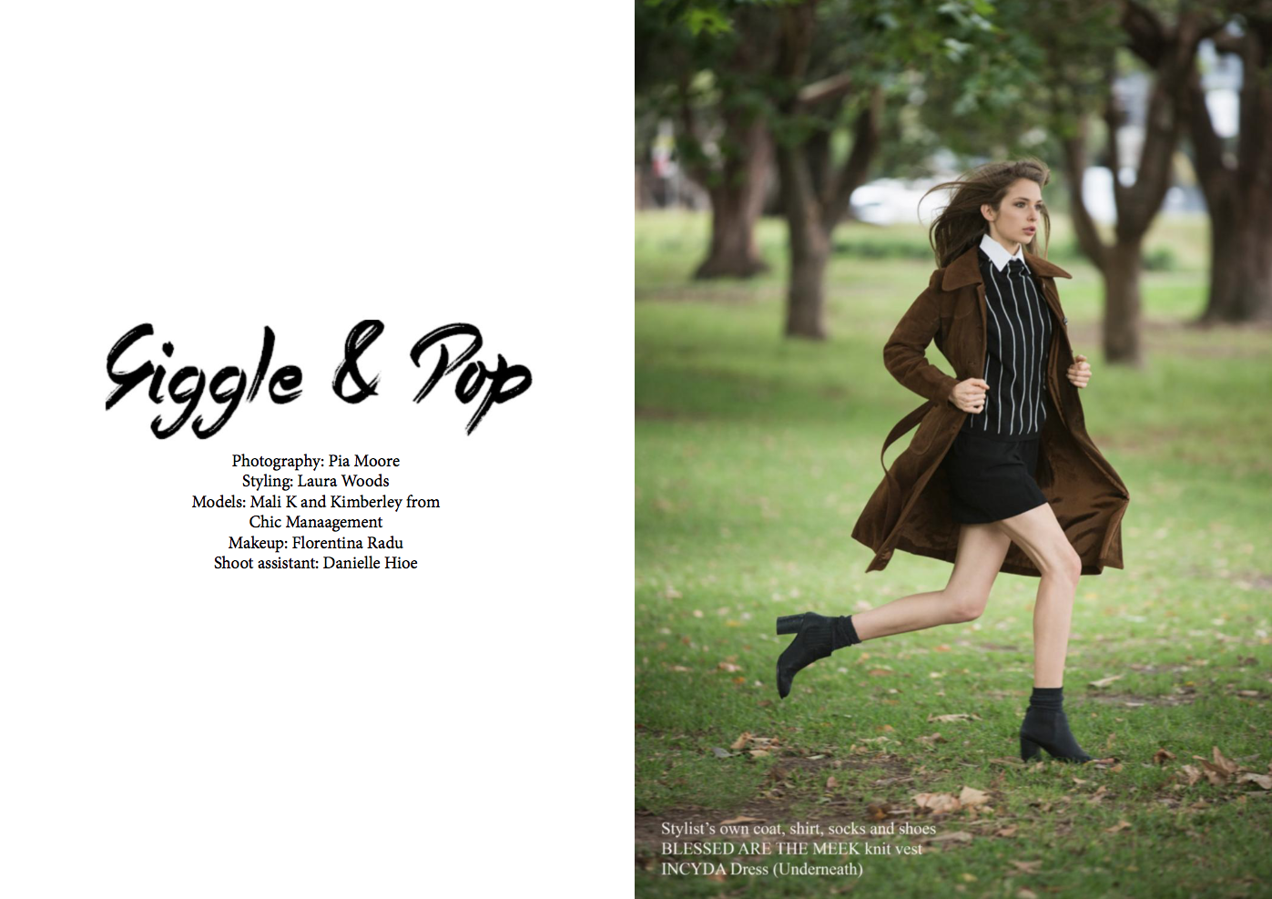 Model running outdoors wearing a coat, shirt, socks, shoes, and knit vest. The photo showcases fashion styling, with a green park background, trees, and grass.