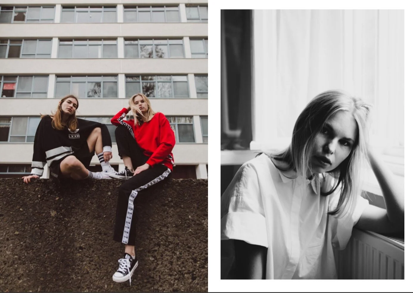 Side-by-side photos of two young women. On the left, two women are sitting on a dirt mound in front of a modern residential building, dressed in casual streetwear, one in black and the other in red. On the right, a black-and-white portrait of a woman