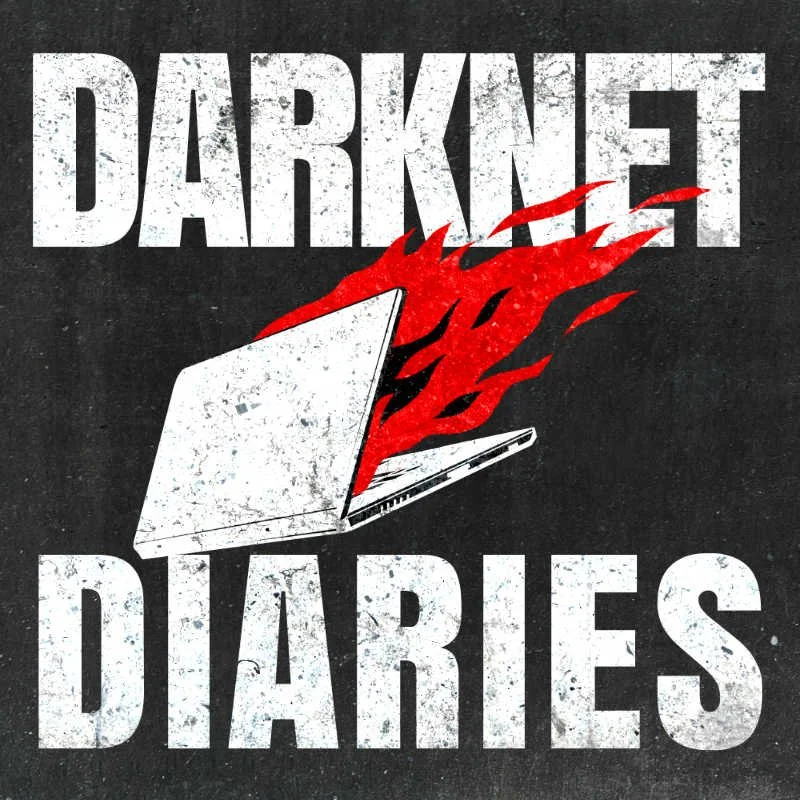 A laptop with flames coming out of the back, combined with bold white text that reads "Darknet Diaries" on a black background.