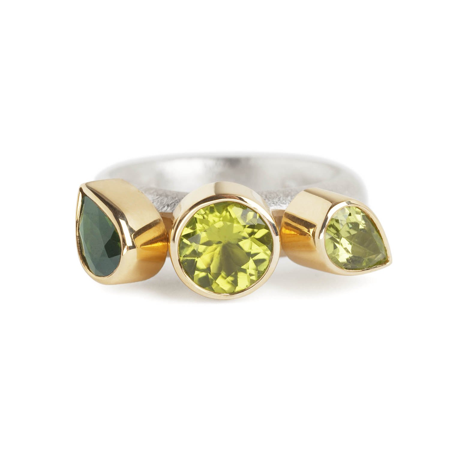 moving ring with peridots and green tourmaline