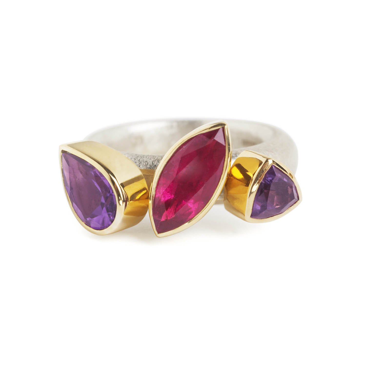 moving ring with pink tourmaline and amethyst