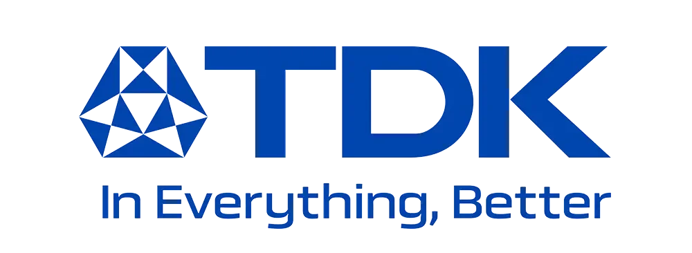 Das Logo der TDK Corporation mit dem Slogan 'In Everything, Better' auf weißem Hintergrund.