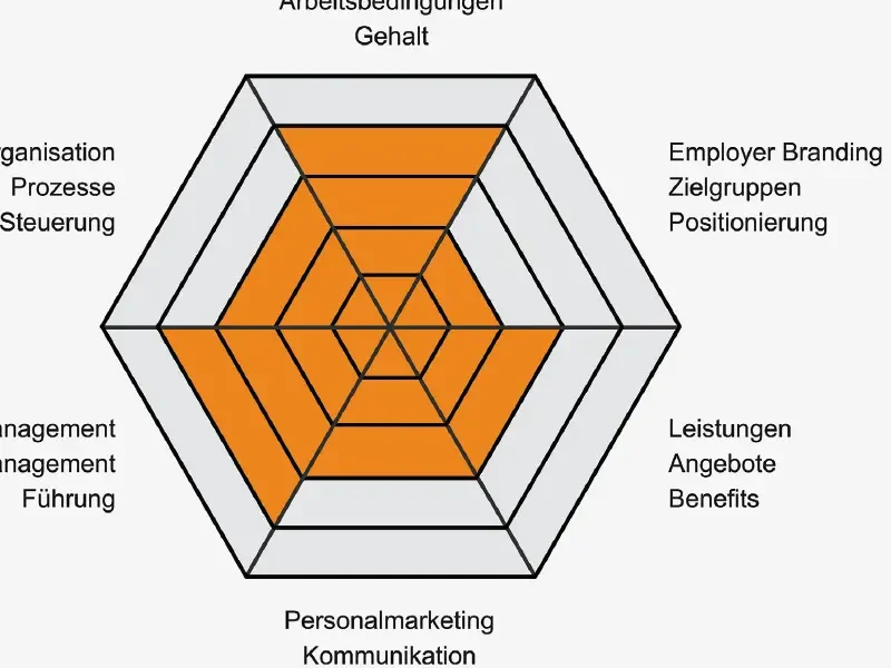 Radar-Diagramm mit Kategorien wie Gehalt, Organisation, Personalmarketing, Management, Kommunikation, Leistungen, Angebote, Benefits, Arbeitgeber Branding, Zielgruppen, Positionierung, Arbeitsbedingungen, Prozesse, Steuerung, Führung, Entwicklung.