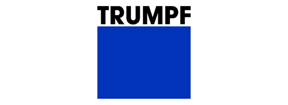 Der obere Teil des Bildes zeigt den schwarzen Text 'TRUMPF' auf weißem Hintergrund. Darunter befindet sich ein blauer Quadrate mit einem grauen Balken am oberen und unteren Rand.