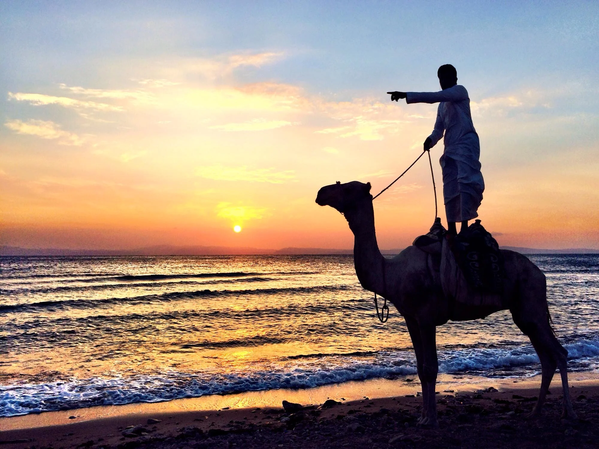 Sunrise outside Dahab Paradise Hotel, South Sinai. A man and his camel. 