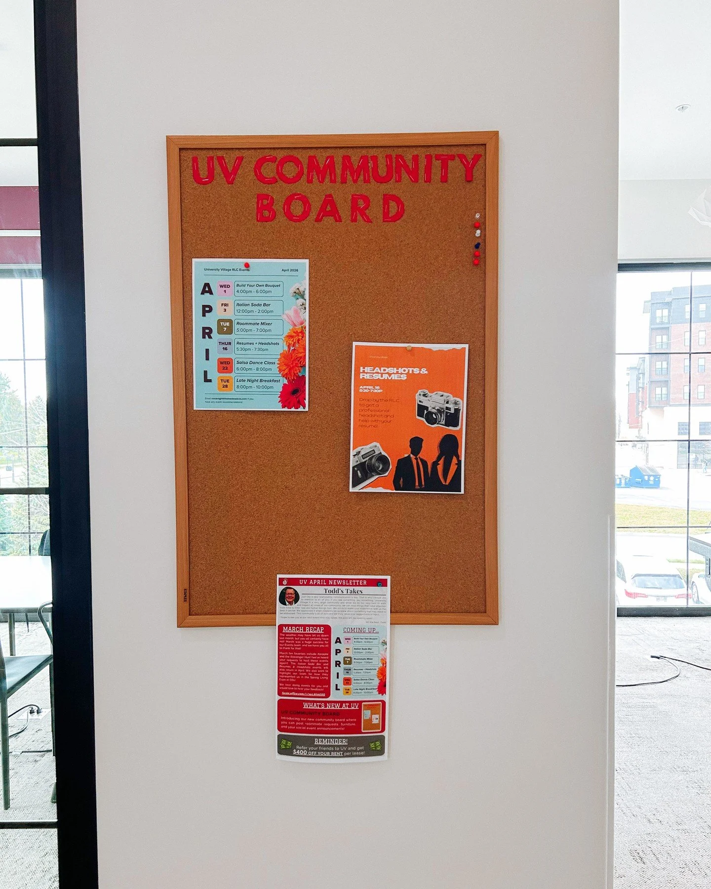 Have you seen our new community board? Located on the second floor of the RLC, the community board is where you can post roommate requests, unwanted furniture, and your social event announcements!