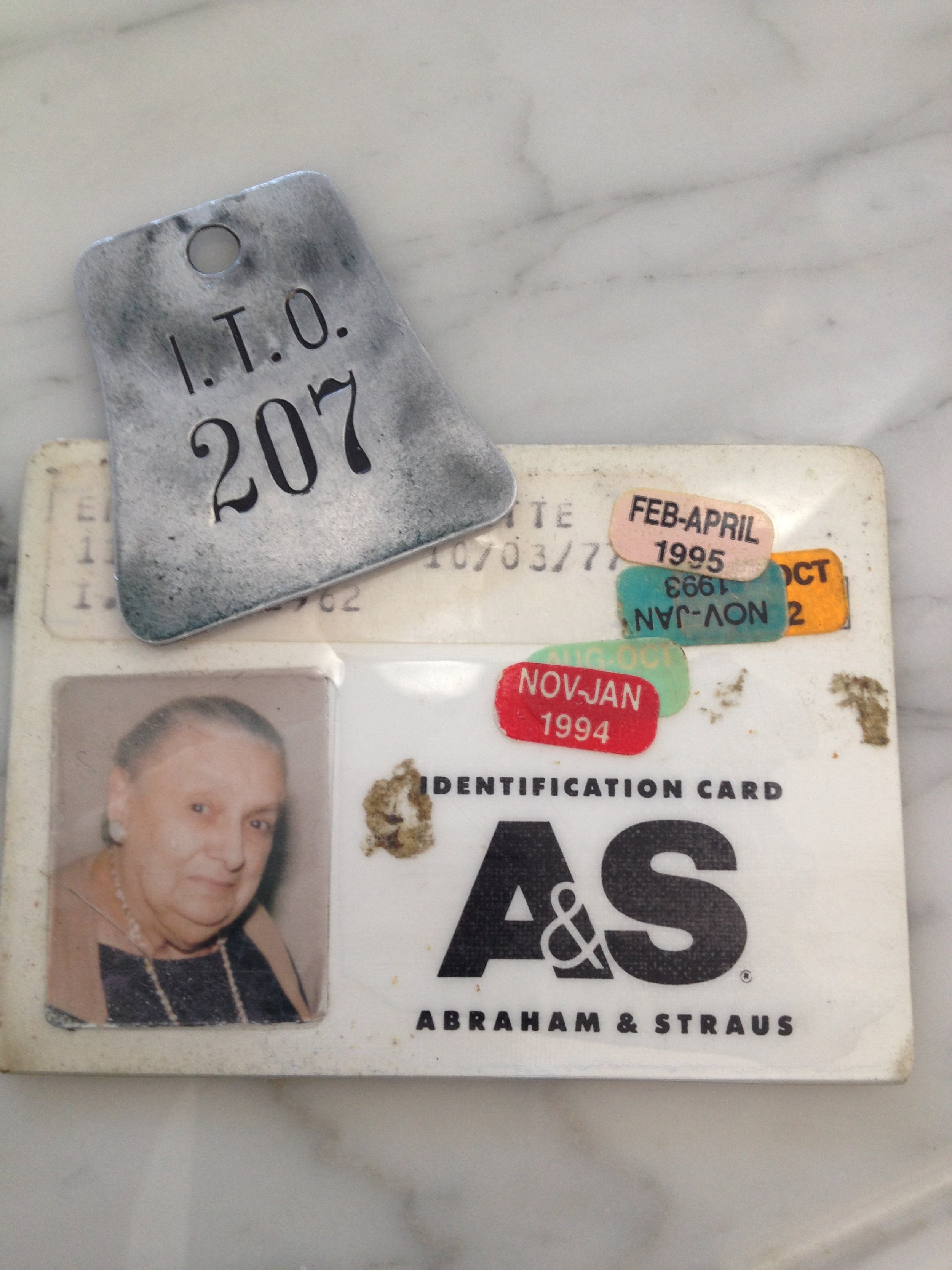 Scott’s grandfather’s longshoreman badge and his grandmother’s ID from the famous A&amp;S department store