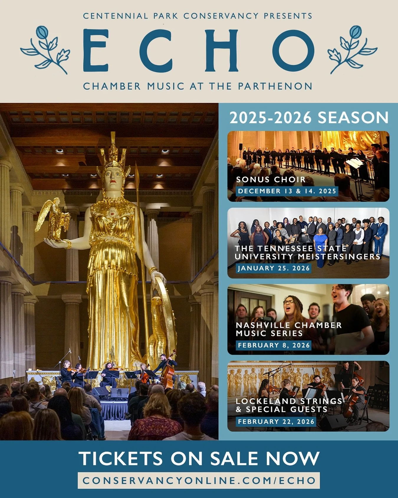 ON SALE NOW: ✨ The ECHO Chamber Music Series returns for its sixth season this winter! ✨ ECHO showcases world-class musicians and contemporary composers whose work is chosen specifically for the @NashvilleParthenon&rsquo;s iconic 5-second echo, creat