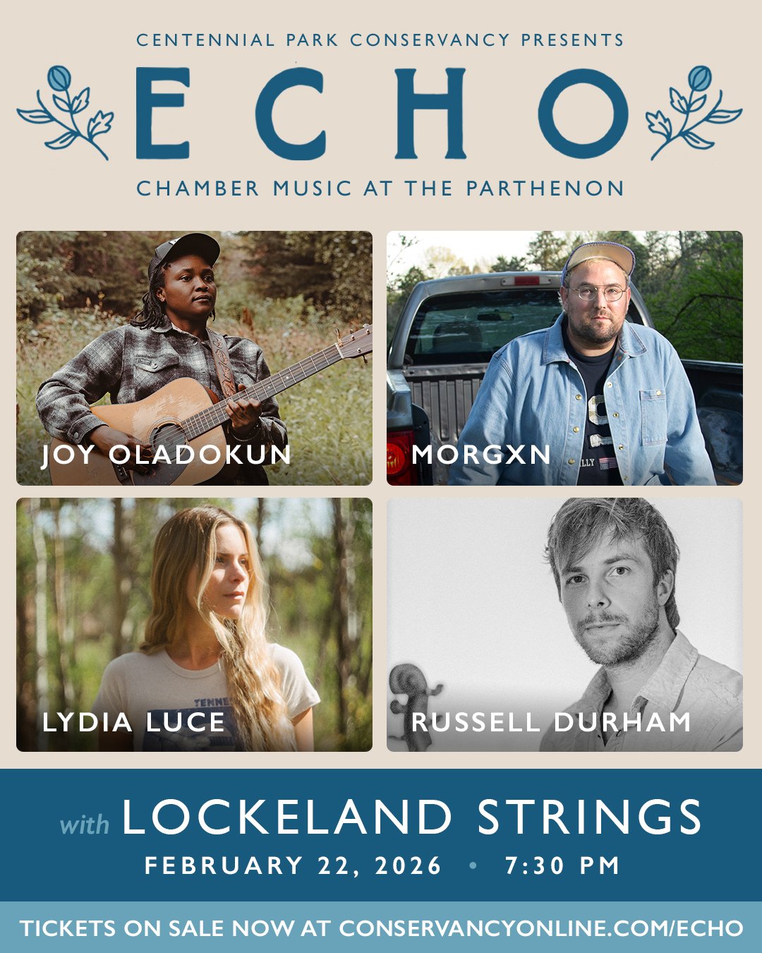 JUST ANNOUNCED 📣 @LockelandStrings returns to ECHO Chamber Music Series at the Parthenon this February with an all-new collaborative performance with four guest singer-songwriters:
@joyoladokun 
@morgxnofficial 
@lydialuce 
@everydayimruslyn

Experi