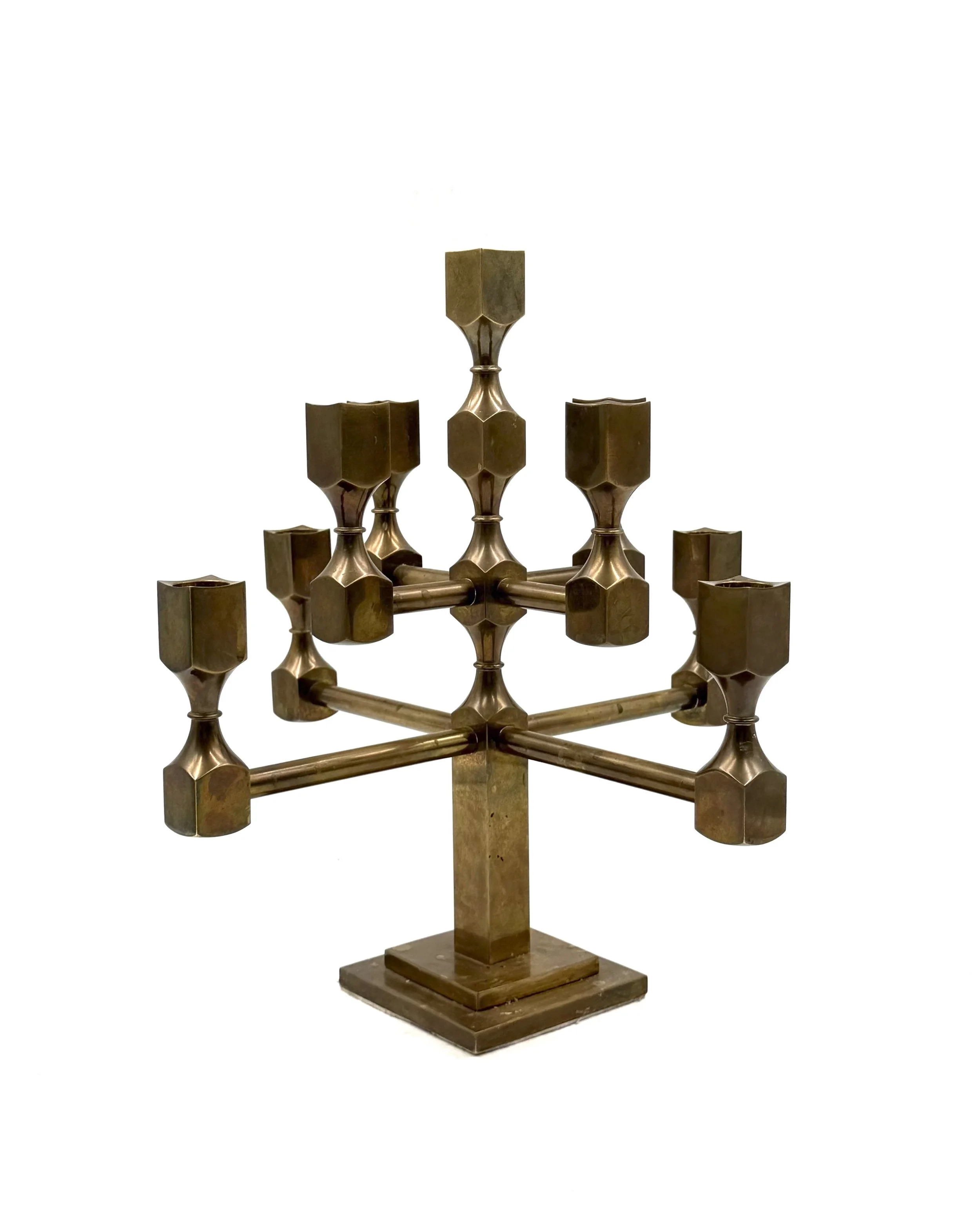 Modern solid brass sculptural 9 lights candelabra, Lars Bergsten, Gusum Sweden 1992